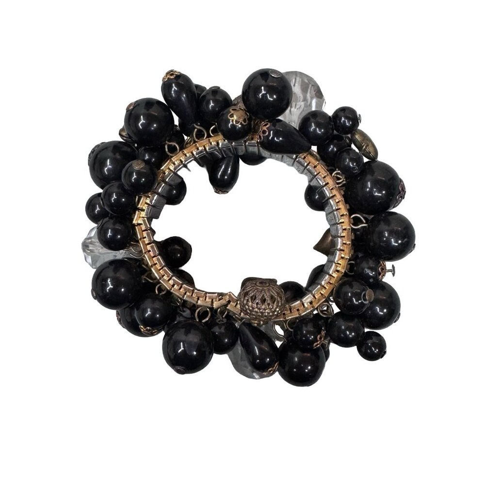 Vintage BOHO Chunky Black Art Deco Cluster Stretch Bracelet Gold Tone 1950s Bead